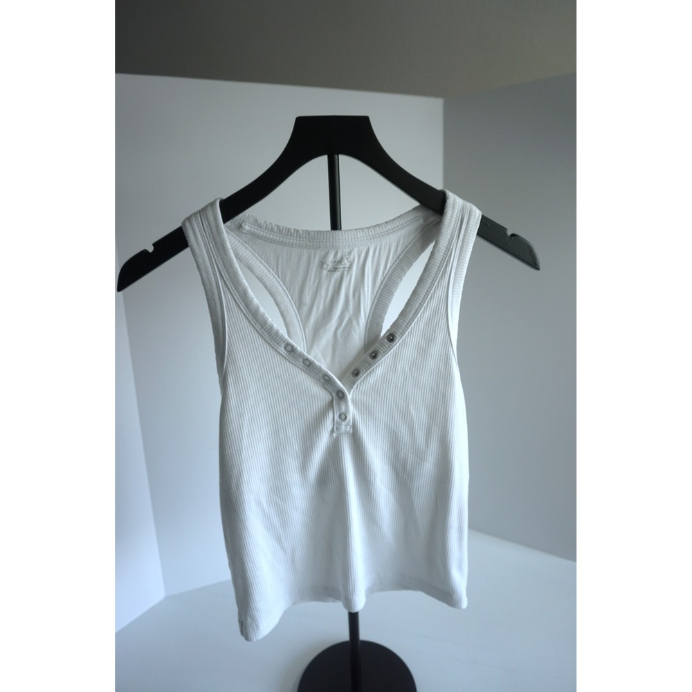 Aerie OFFLINE Ribbed Henley Tank Top White Racerback Snap Button Crop Medium